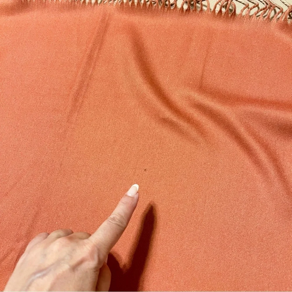 Minimalist two-tone faux cashmere scarf/wrap with fringed edges, cream/orange